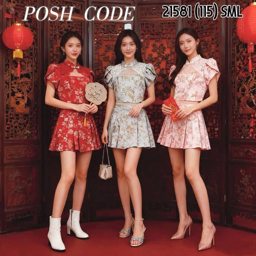 【SS21581 / 37123】高品质两件式新中式提花旗袍套装 泡泡袖提花旗袍上衣➕提花百褶高腰裙子，内层有里布短裤 ❤️❤️