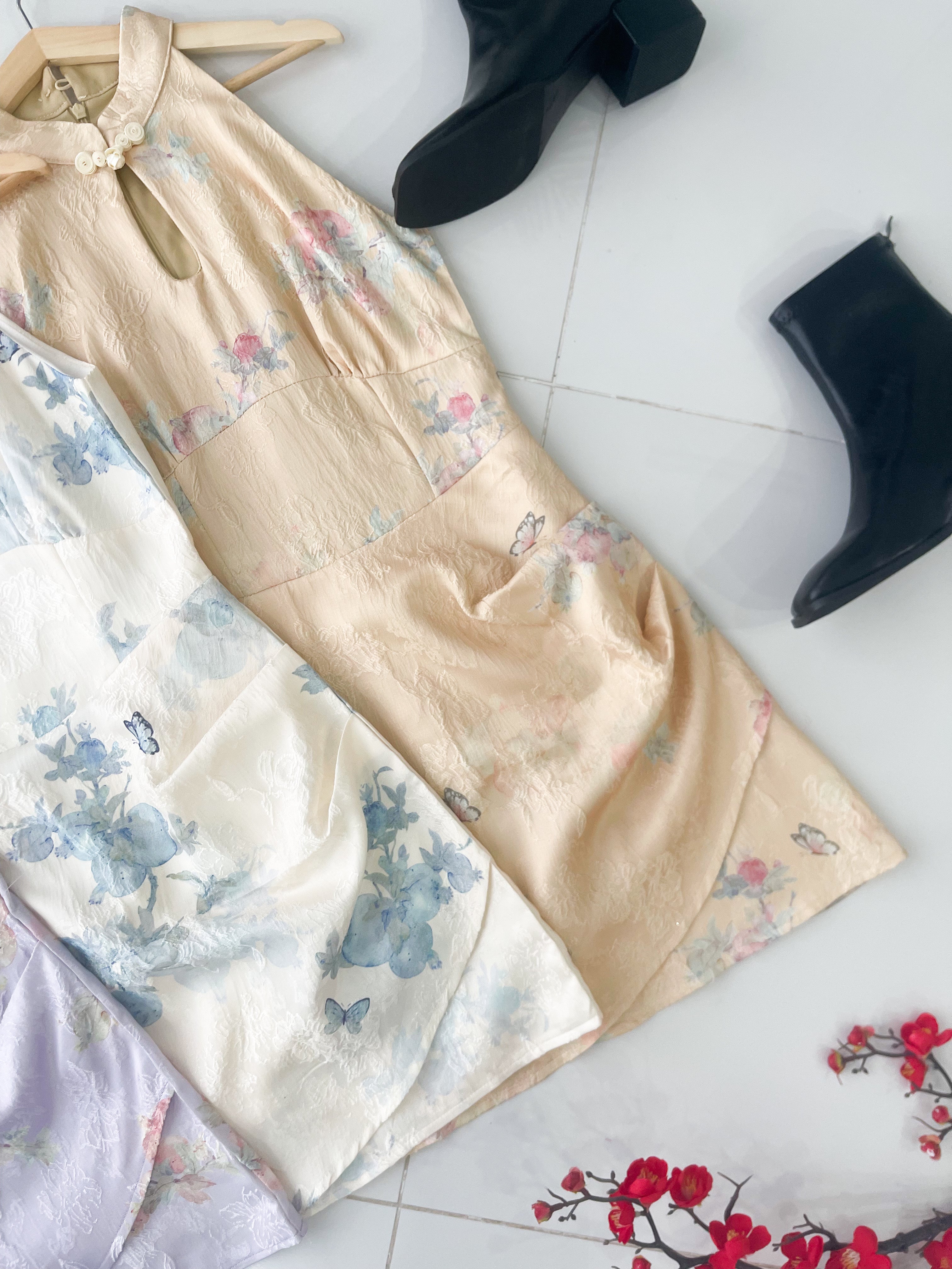 【D8239201】高品质收腰显腰型CUT IN 无袖旗袍提花连身裙子 ❤❤【A-RU】