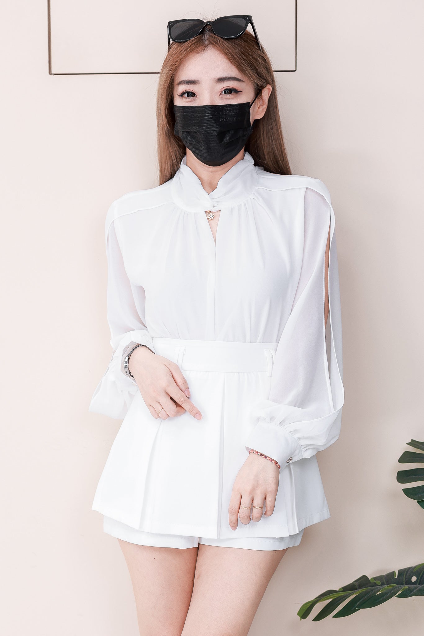 【SS81155】高品质两件式女神气质款时尚套装 雪纺长袖上衣➕双层西装百褶 高腰裤裙 ❤️❤️ 【A-R1-C4】