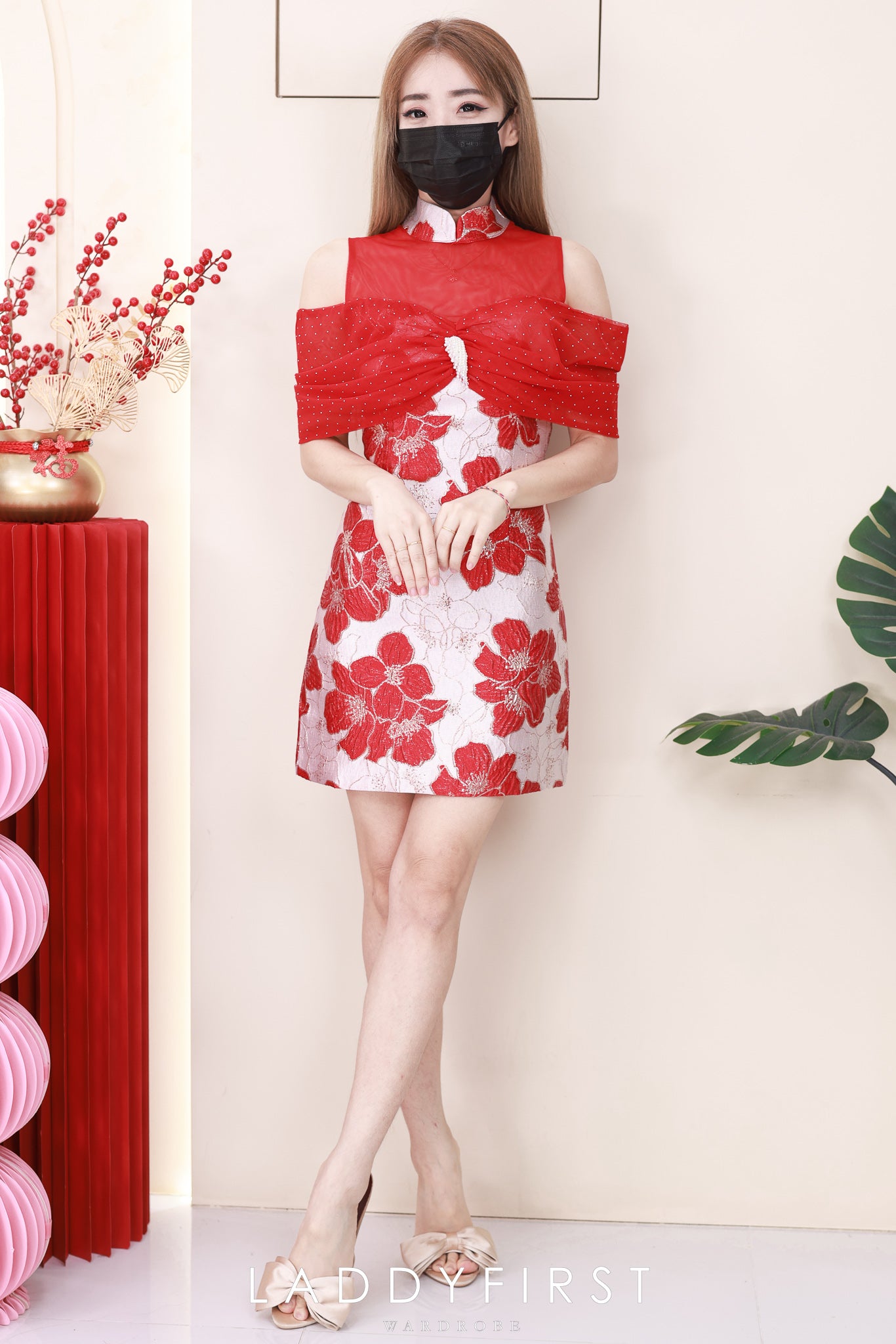 【D8238901】⚡️精选预定款⚡️高品质高端气质拼接网纱蝴蝶结提花旗袍连身裙子 ❤️❤️