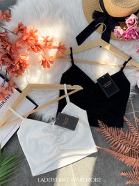 【T3358】V领小皱褶设计细带无袖纯棉弹力内搭上衣 ❤❤【A-R2-C2】