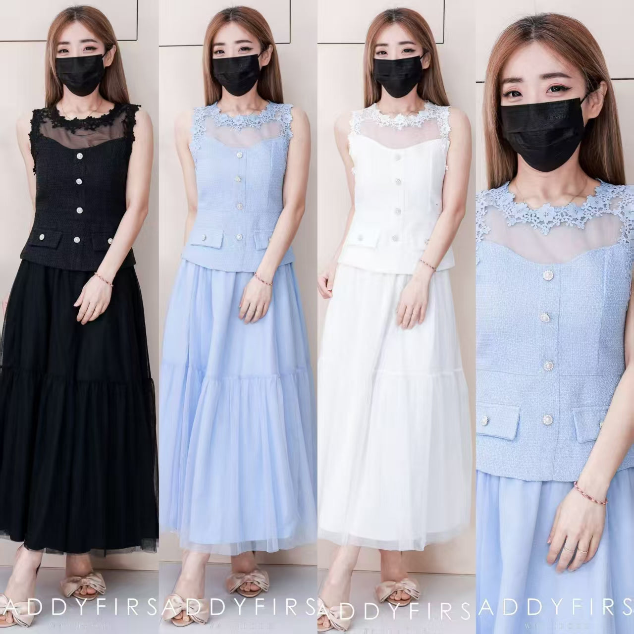 【SS6636】高品质两件式韩式轻奢风时尚套装 小香风上衣➕松紧腰弹力蛋糕网纱长裙 ❤️❤️