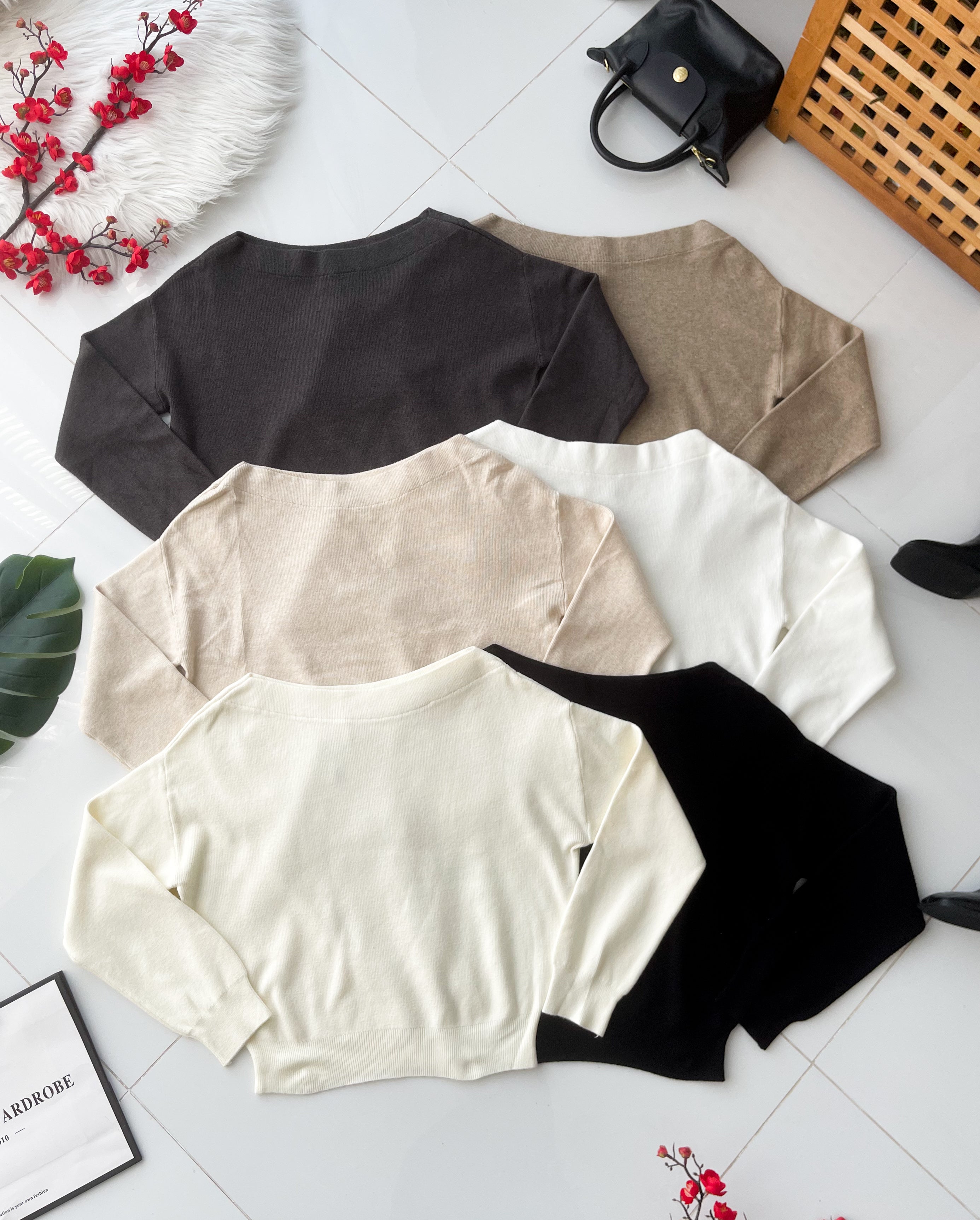 【T2923】高品质韩风性感斜肩简约又气质针织长袖上衣 ❤❤