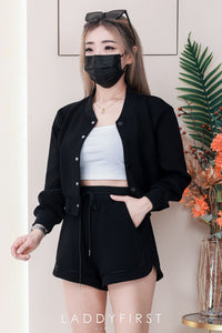 【SS3523】【LFW独家小圆饼】高品质高端气质厚实空气绵韩式时尚百搭套装 V领长袖外套上衣 按扭设计➕抽绳松紧腰百搭短裤，有口袋 ❤️❤️【B-R2-C4】