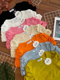 【T3454】【LFW独家小圆饼】高品质厚棉皱褶短袖纯棉弹力简约休闲百搭上衣 ❤❤ 【A-R1-C1】