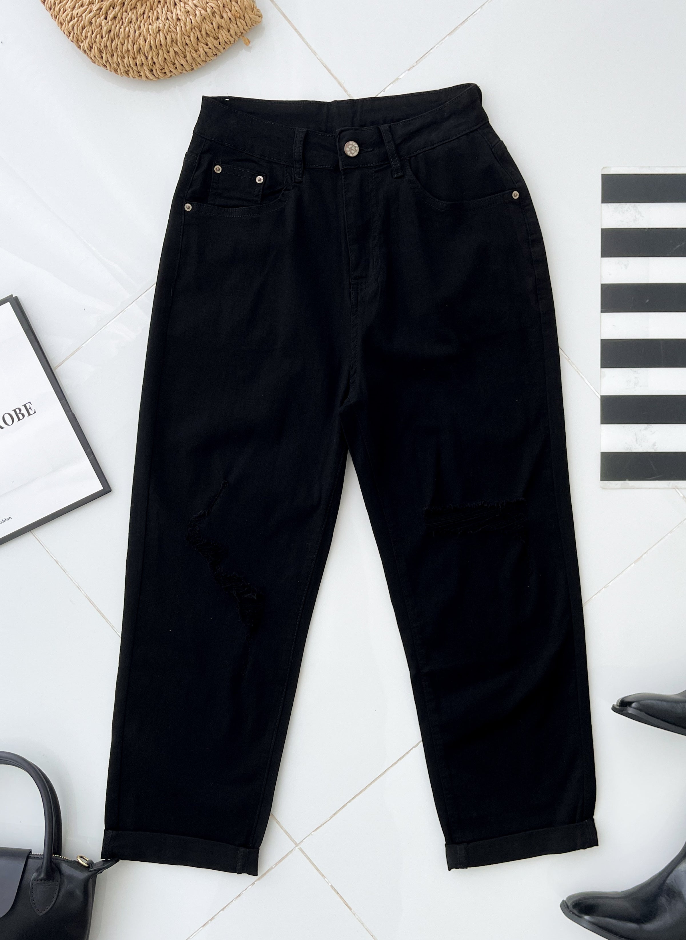 【L11762】高品质COTTON JEANS牛仔弹力破洞九分长裤，有口袋 ❤️❤️【B-R2-C5】