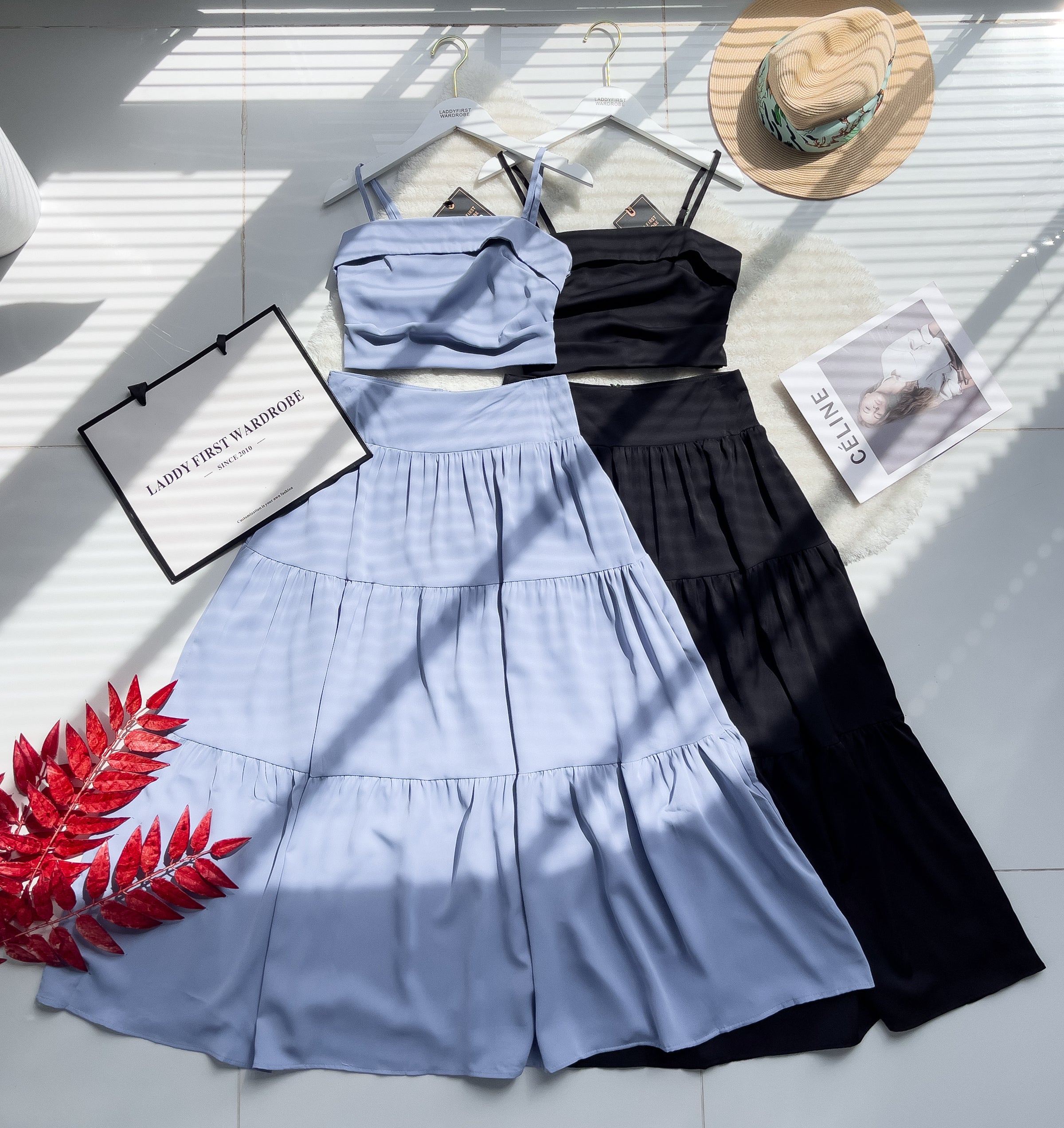 【SS32189】LFW独家爆款两件式仙气温柔风雪纺套装 自调无袖肩带抹胸上衣，后副伸缩弹力➕高腰显瘦大摆蛋糕长裙，内层有里布 ❤️❤️ 【B-R1-C3】