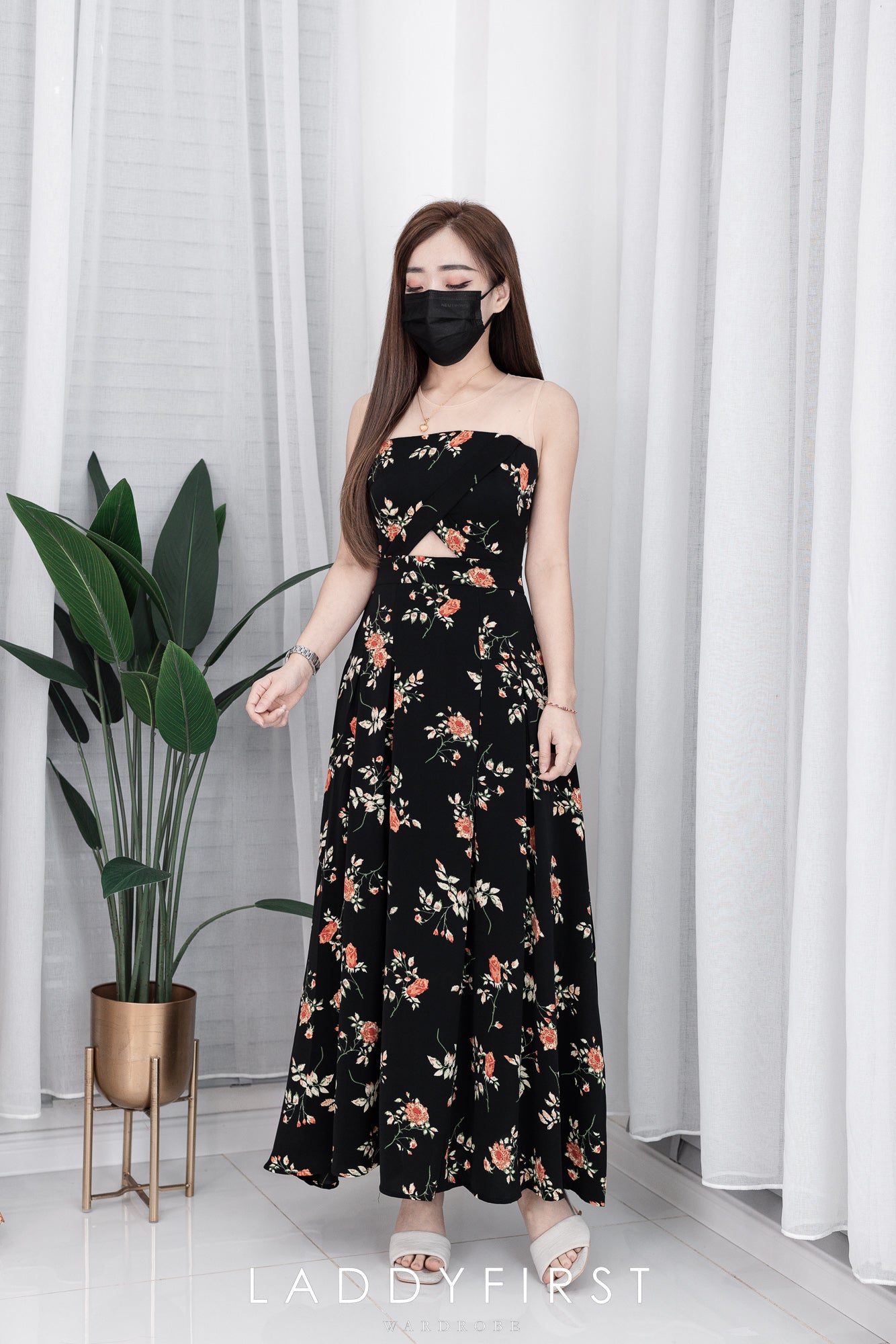 【D5159】透视网纱无袖时尚优雅碎花连身长裙
