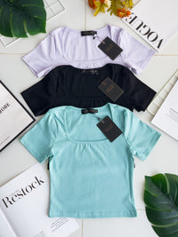 【T50155】独家爆款高品质方领短袖纯棉弹力简约日常百搭款上衣 ❤❤ 【B-R1-C5】