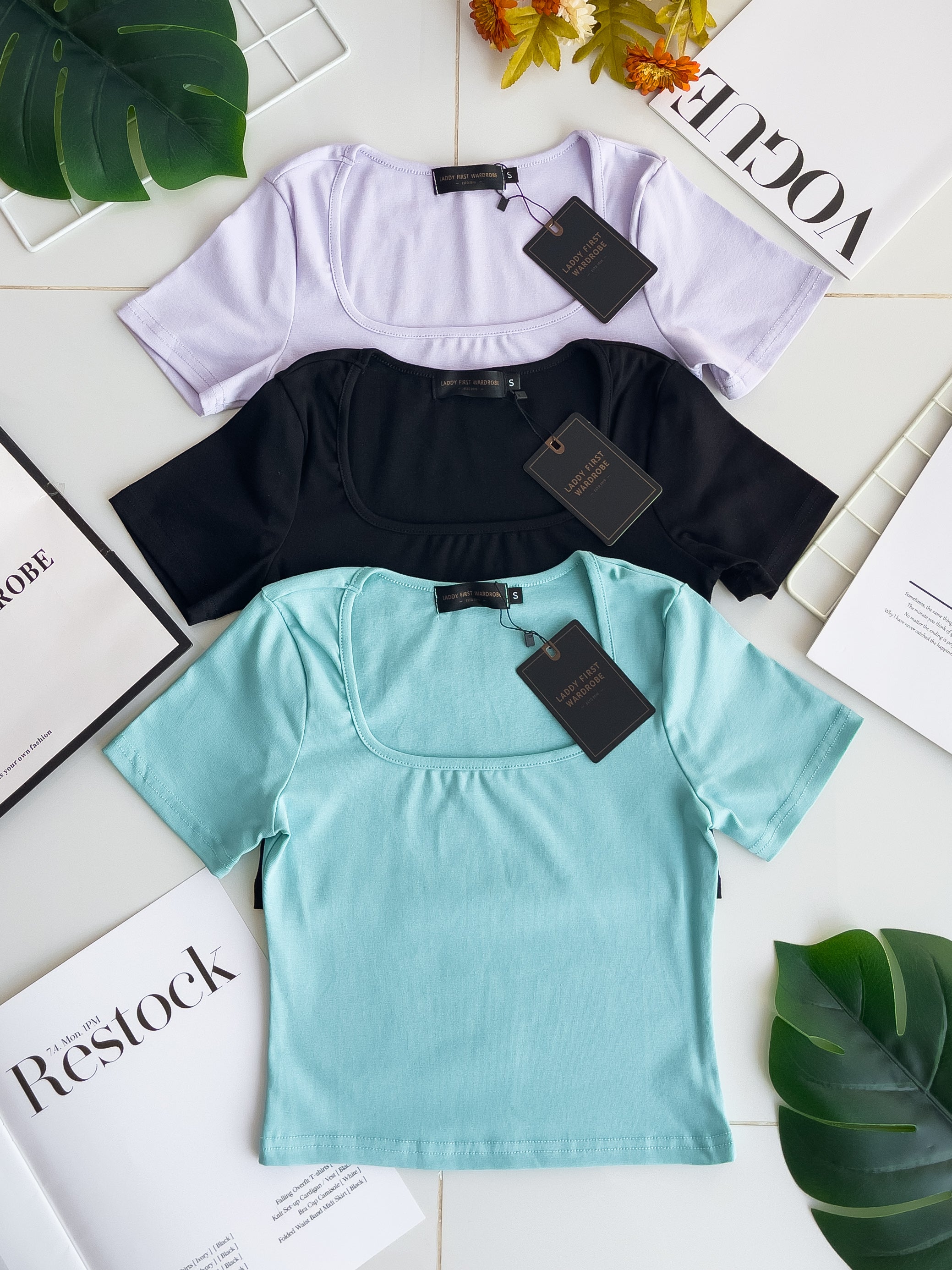 【T50155】独家爆款高品质方领短袖纯棉弹力简约日常百搭款上衣 ❤❤ 【B-R1-C5】