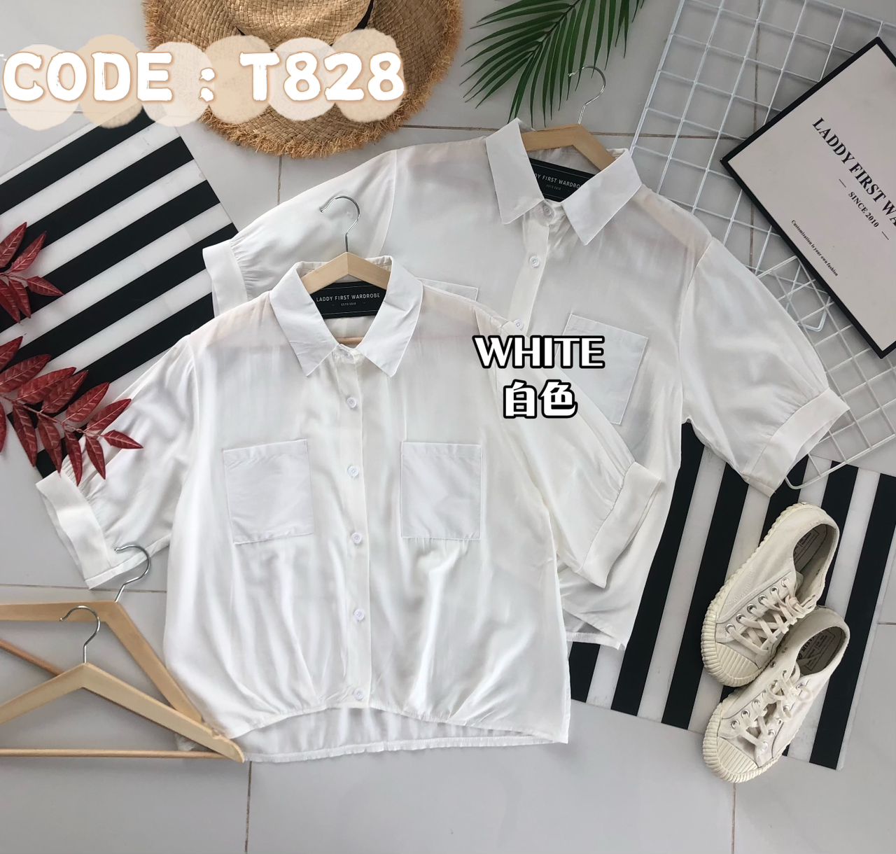 【T828-1】⚡补货预订款⚡翻领短袖宽松衬衫百搭上衣，有口袋 ❤️❤️