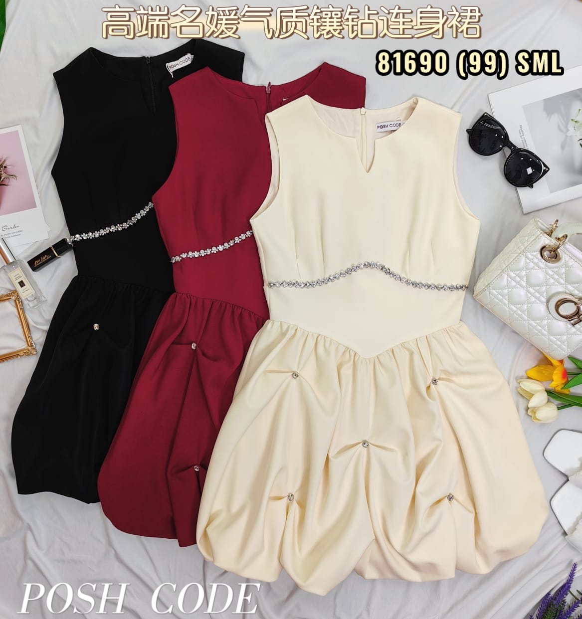 【D81690 / 65236】高品质高端名媛款气质拼接钻石花苞连身裙子 ❤❤ 【A-R2-C1】