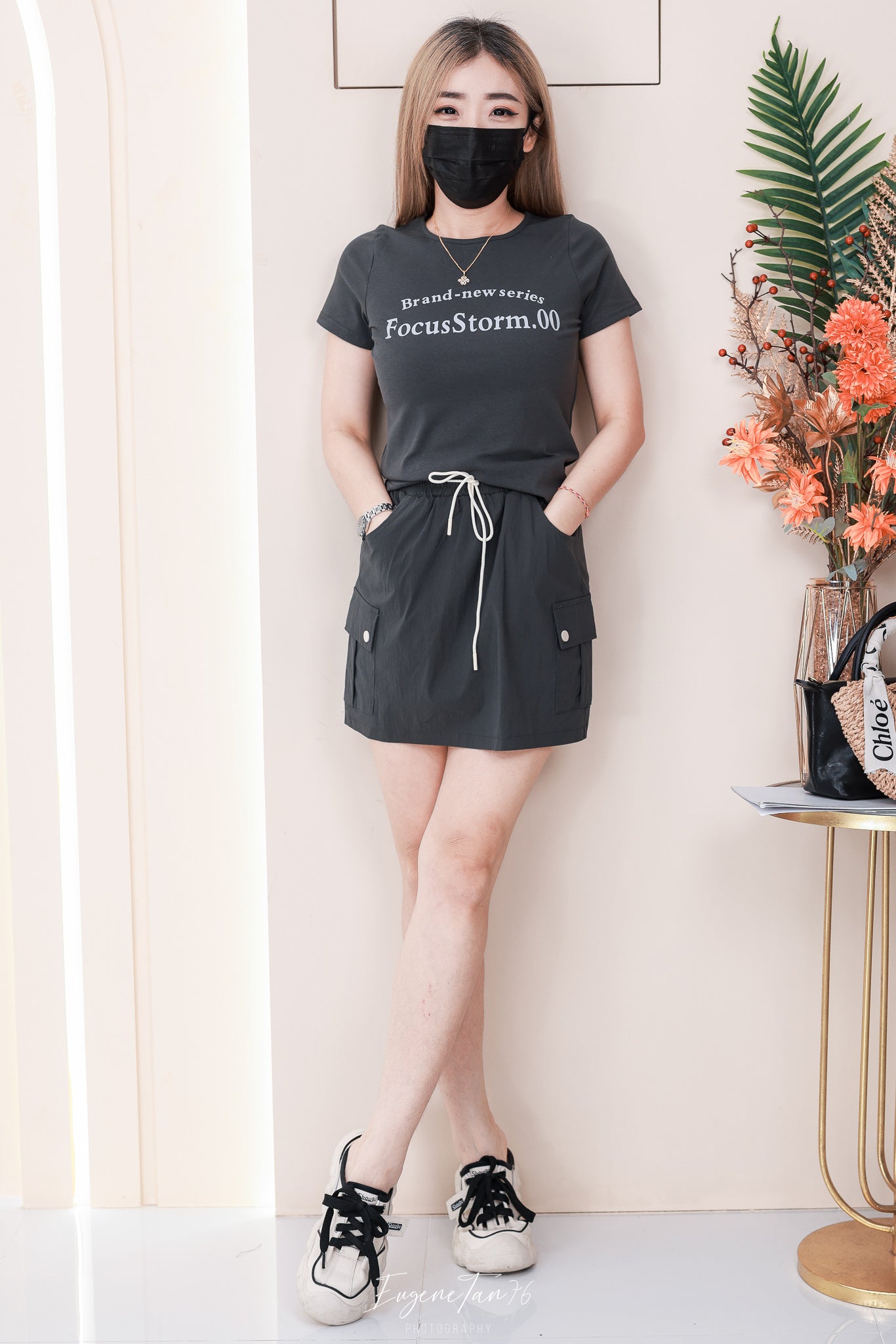 【SS1777】高品质两件式韩风休闲时尚套装 纯棉弹力圆领短袖百搭上衣➕松紧高腰百搭裙子，内层有里布短裤有口袋 ❤️❤️