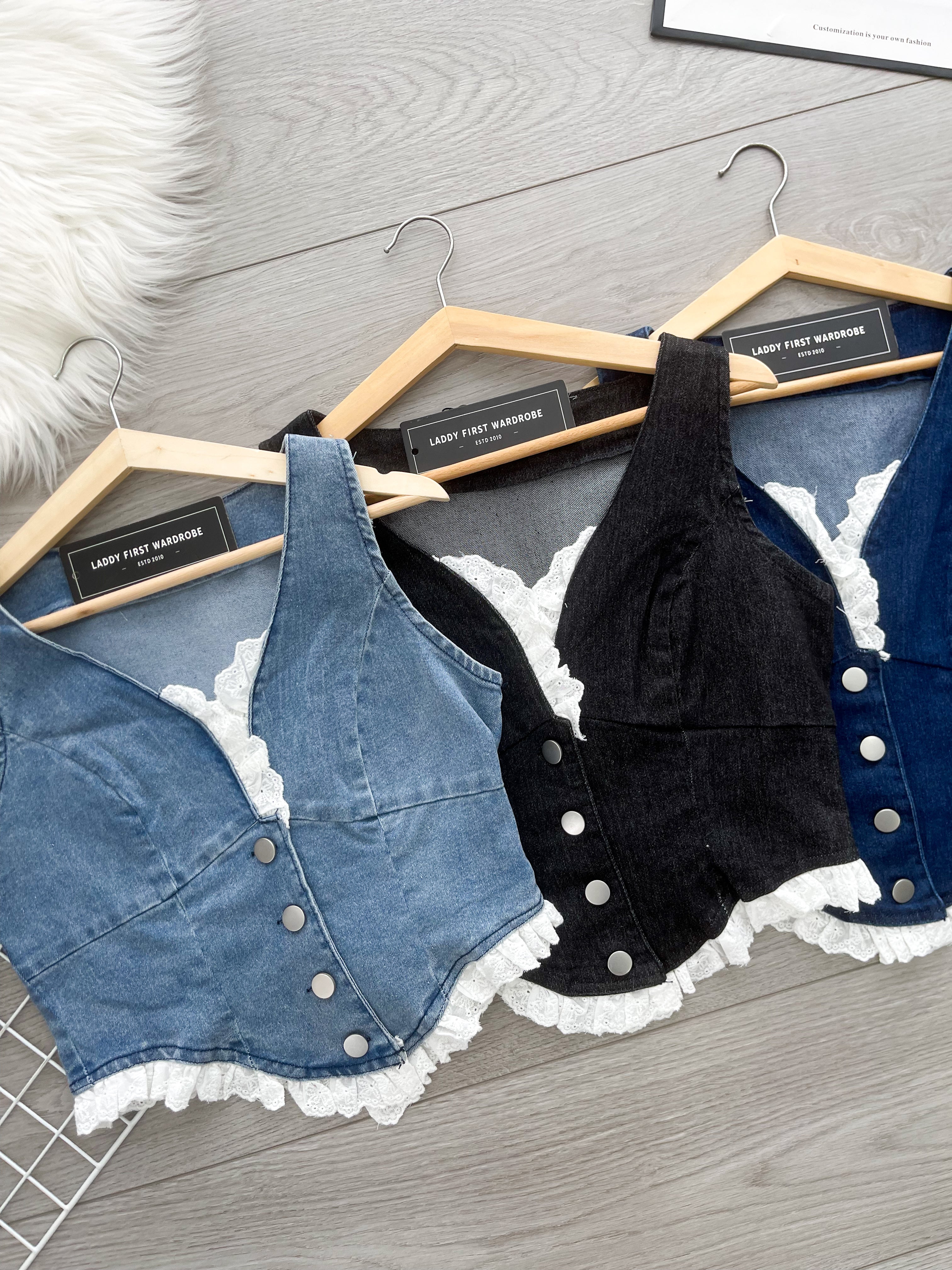 【T520103】高品质V领桐花边无袖牛仔上衣 ❤❤