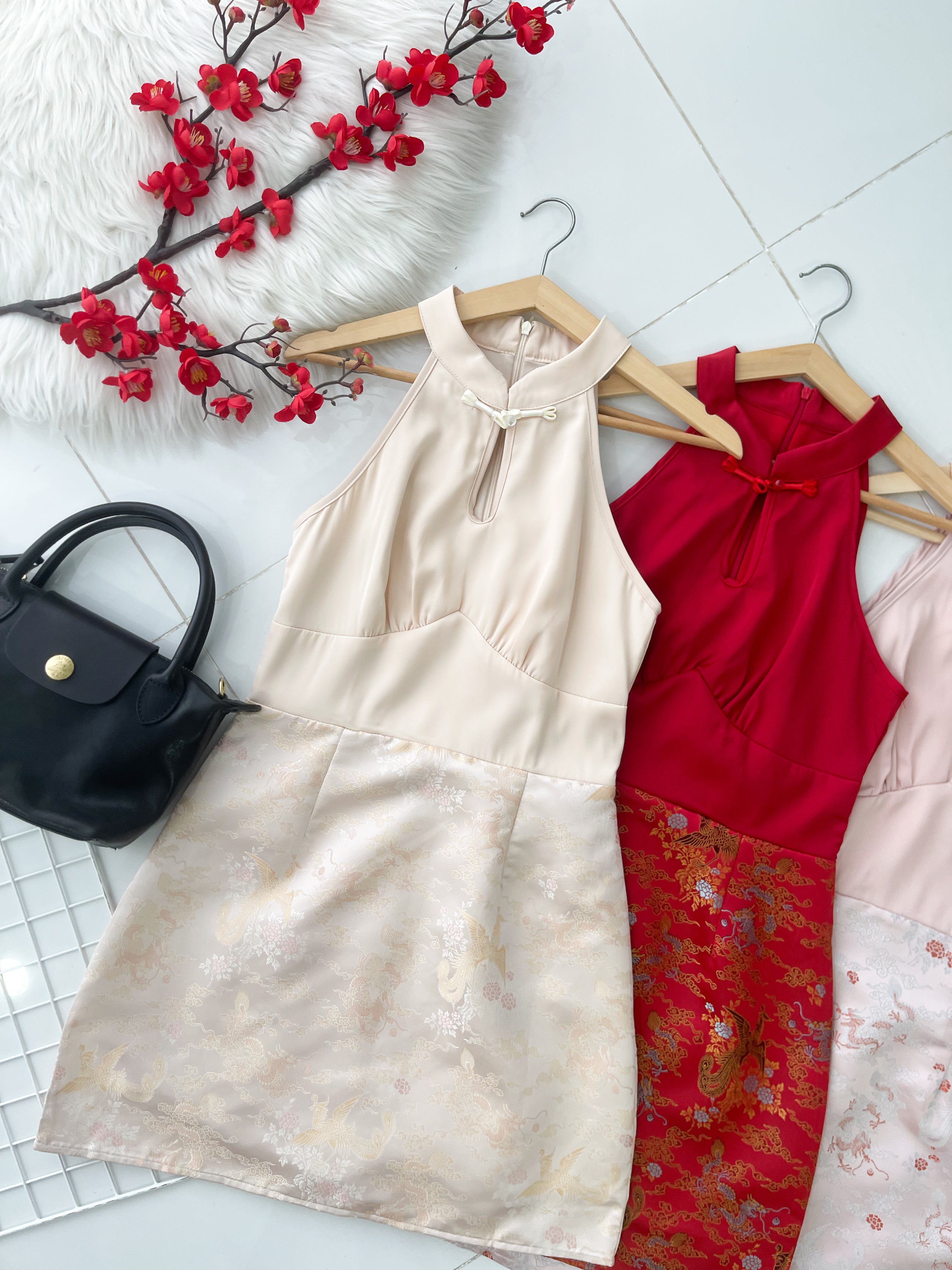 【D81689 / 37610】高品质高端气质缎面拼接提花无袖旗袍连身裙子 ❤❤【B-R1-C5】