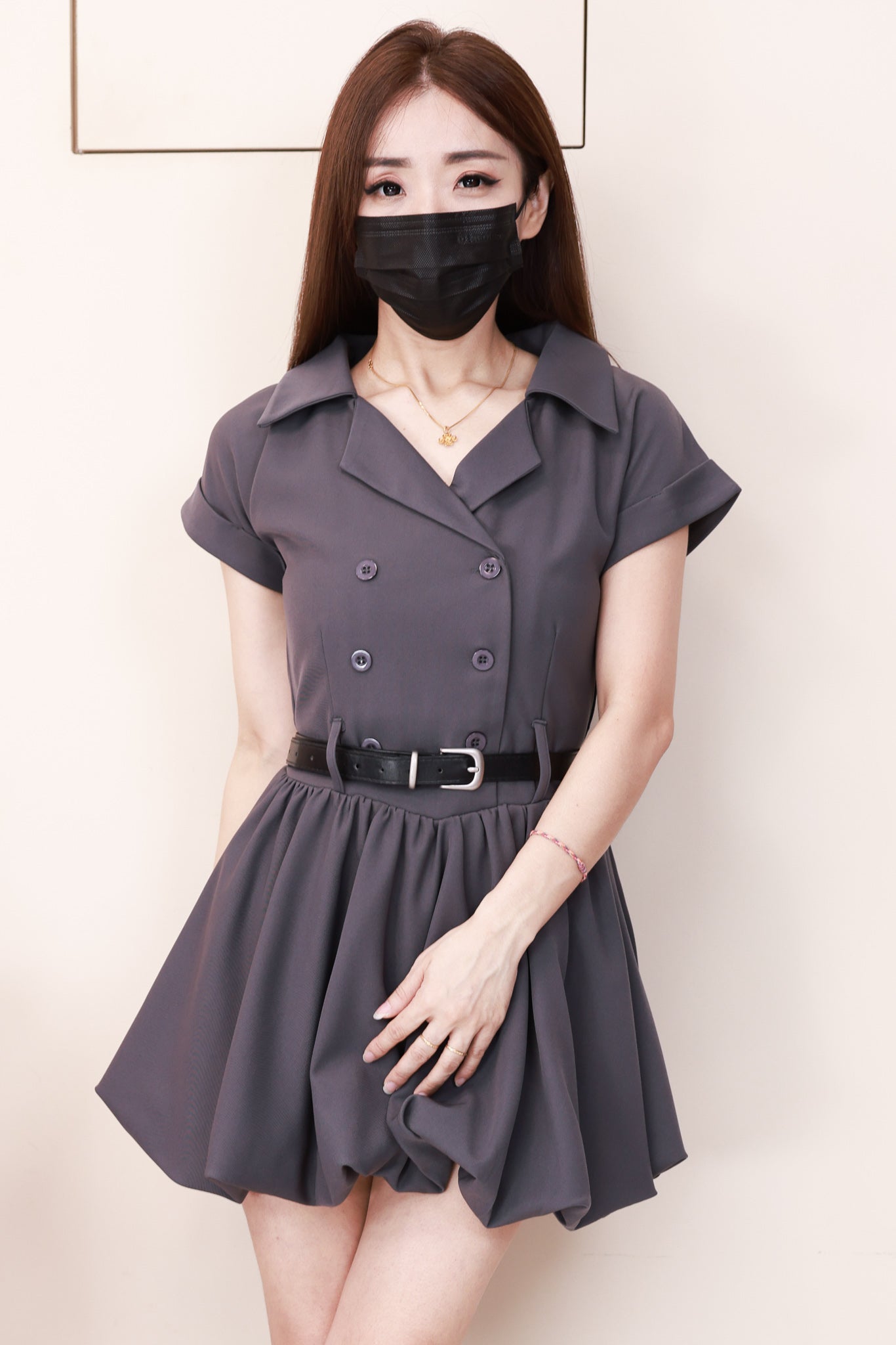 【D2975】高品质翻领短袖减龄韩式西装花苞连身裙子，内层有里布短裤 #配送腰带 ❤❤【B-R2-C6】