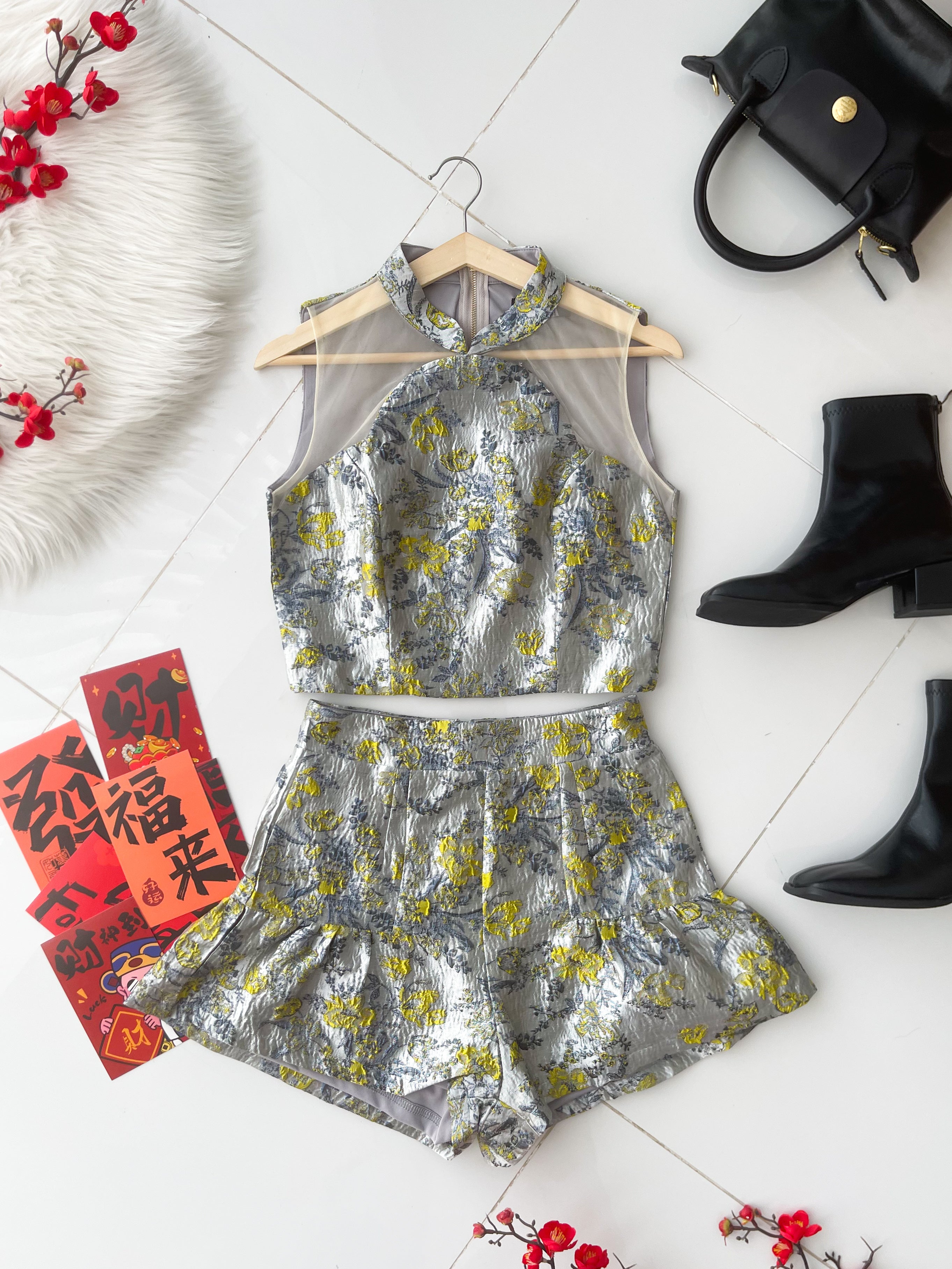 【SS8240071】高品质两件式高档新中式提花旗袍套装 提花拼接无袖网纱提花旗袍上衣➕提花高腰裤裙 ❤️❤️