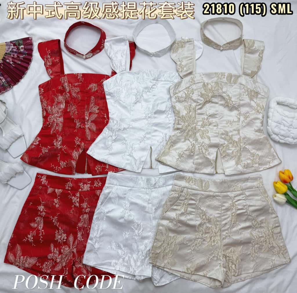【SS21810 / 37472】高品质两件式高档气质国风新中式提花旗袍套装 无袖肩带旗袍上衣➕提花高腰短裤，有口袋 ❤️❤️