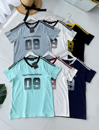 【T14260 / 9062】高品质V领09字母拉线设计纯棉OVERSIZED 上衣 ❤❤ 【B-R2-C4】