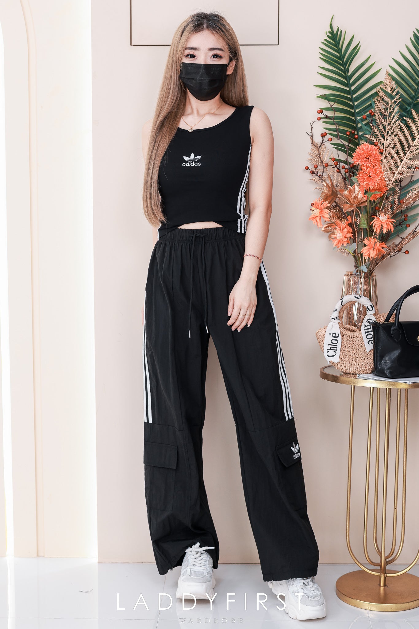 【SS1623】高品质两件式A牌休闲运动套装 纯棉弹力A牌刺绣无袖上衣➕松紧腰弹力阔脚高腰长裤，有口袋 ❤️❤️