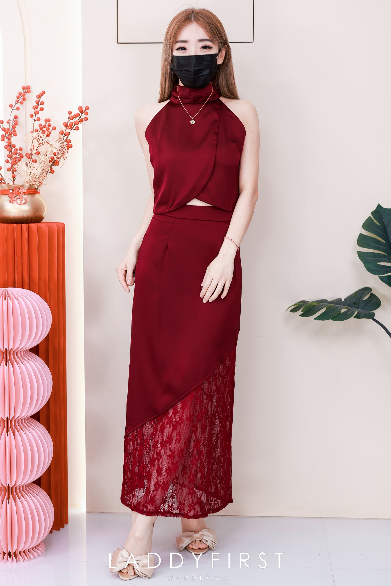 【SS6854】高品质两件式高级感晚宴缎面蕾丝套装 高领CUT IN缎面上衣➕缎面拼接蕾丝长裙 ❤️❤️