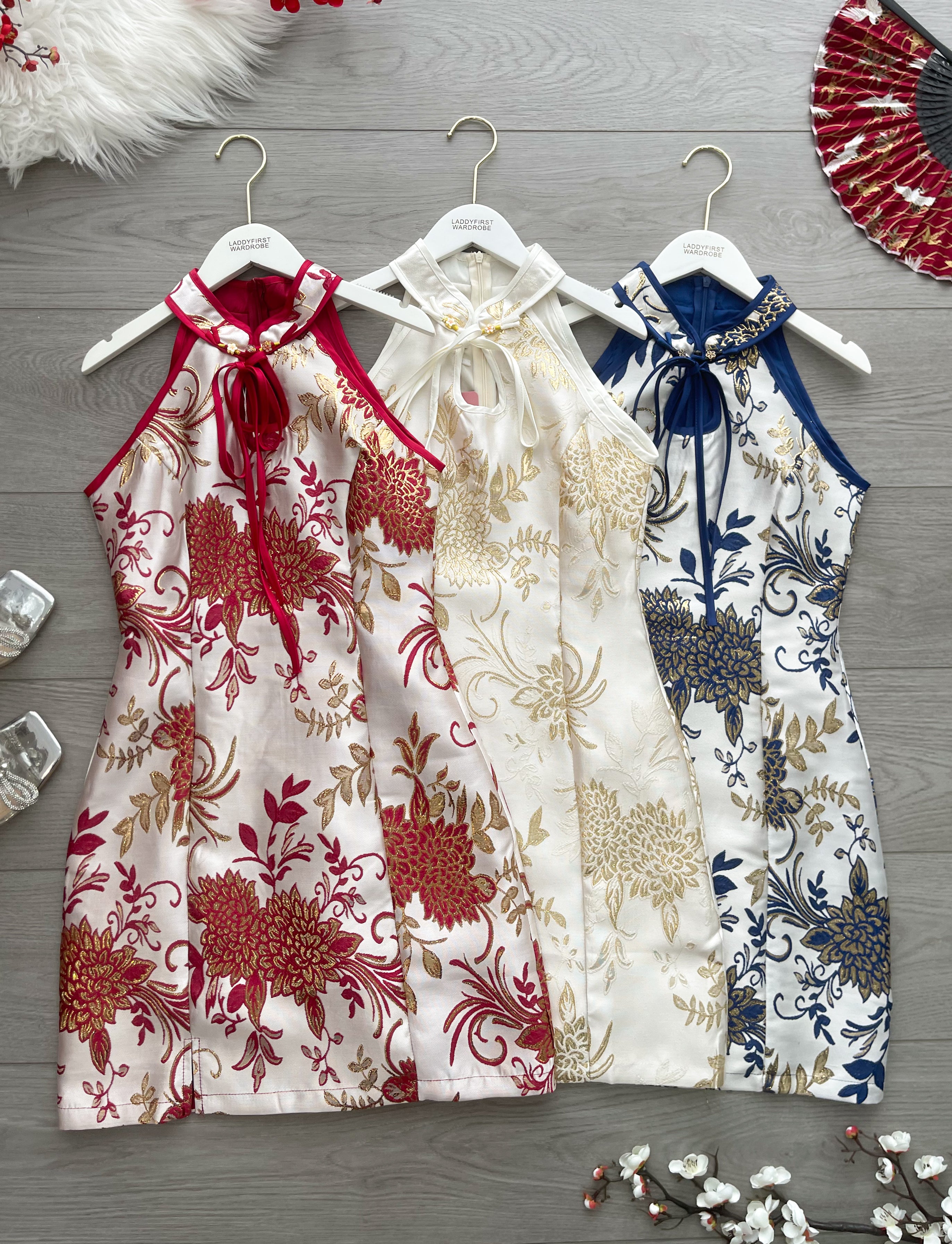 【D6861】高品质富贵牡丹金线CUT IN提花旗袍连身子 ❤❤