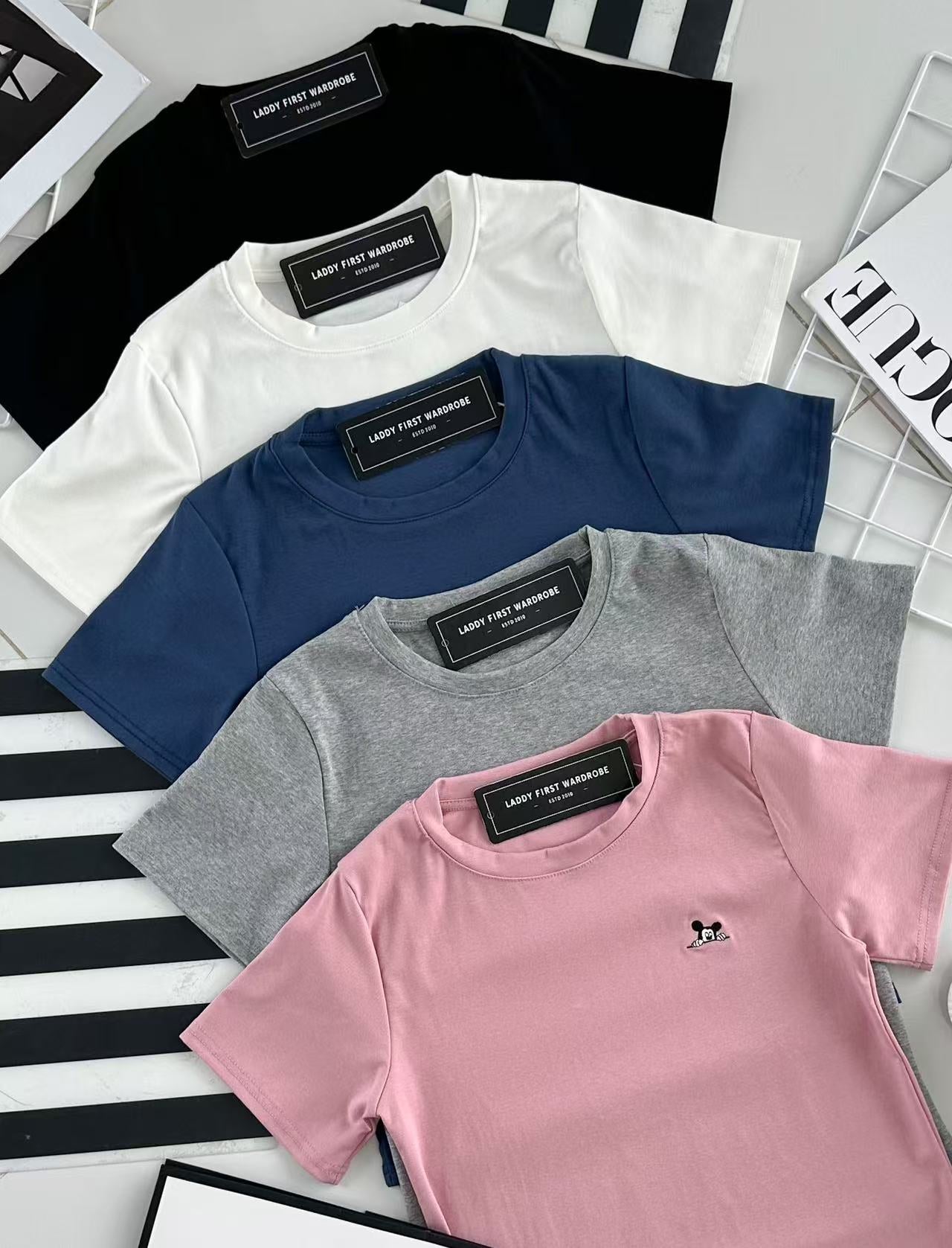 【T68013-1】⚡补货预订款⚡高品质米奇刺绣logo圆领短袖纯棉弹力休闲百搭上衣 ❤❤