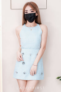【SS16961】高品质两件式气质韩系闪亮小香风套装 小香风无袖上衣➕亮片钉珠小花朵小香风高腰裙子，内层有里布短裤，有口袋 ❤️❤️ 【C-R1-C5】