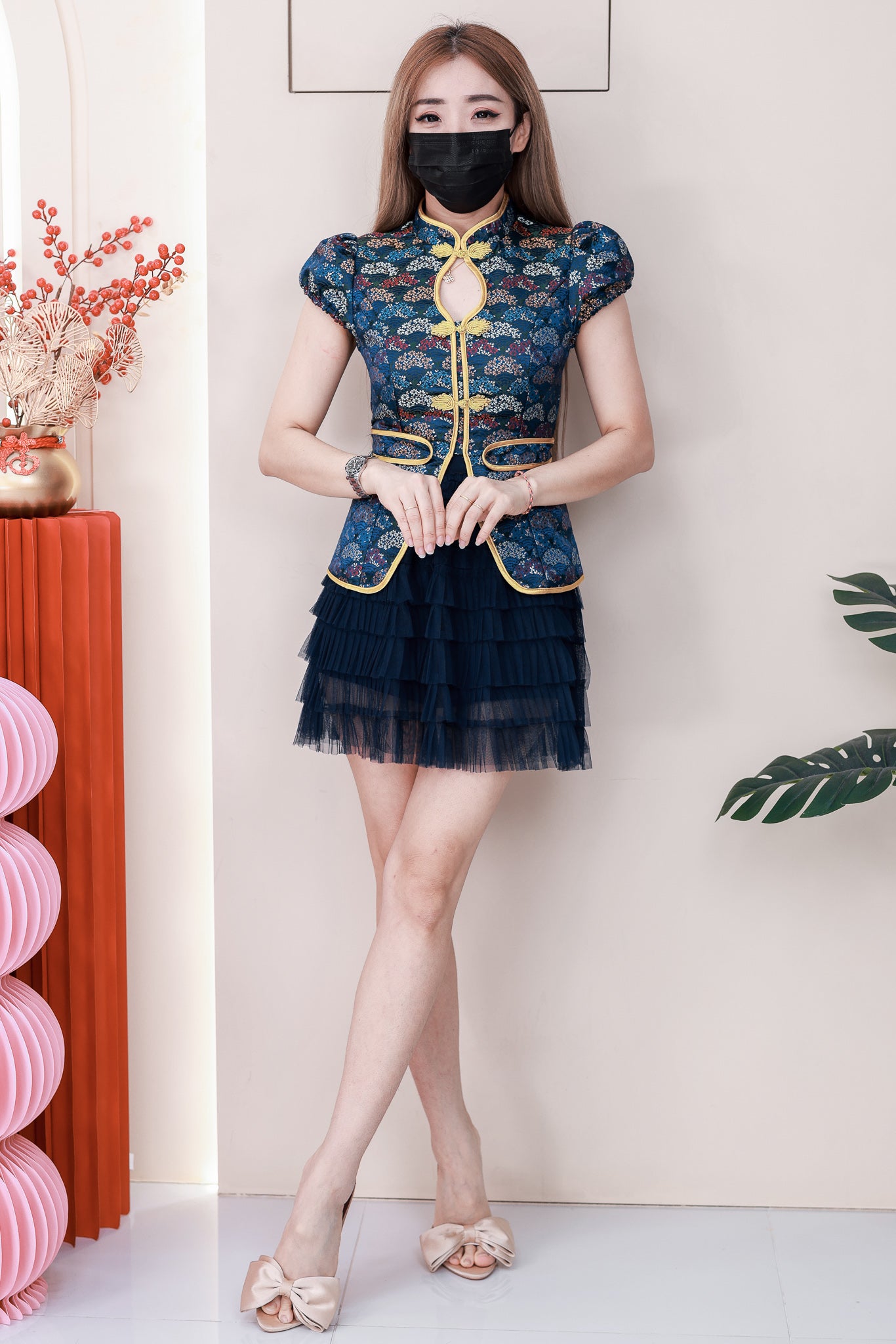 【SS110847】高品质两件式特别设计感提花拼接网纱旗袍套装 泡泡袖提花旗袍上衣➕层次网纱蛋糕裙子，内层有里布短裤 ❤️❤️