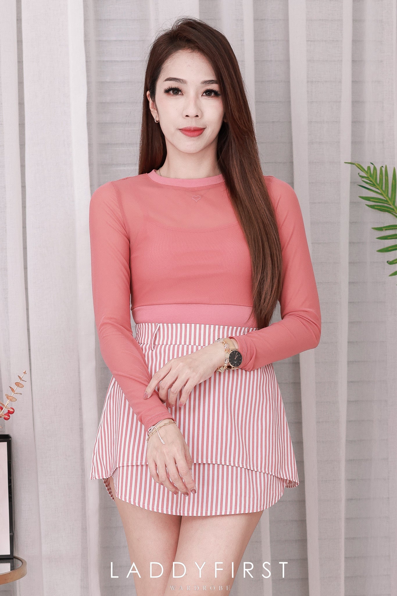 【T110743】高品质假两件纯棉内搭拼接透视长袖网纱上衣 ❤️❤️