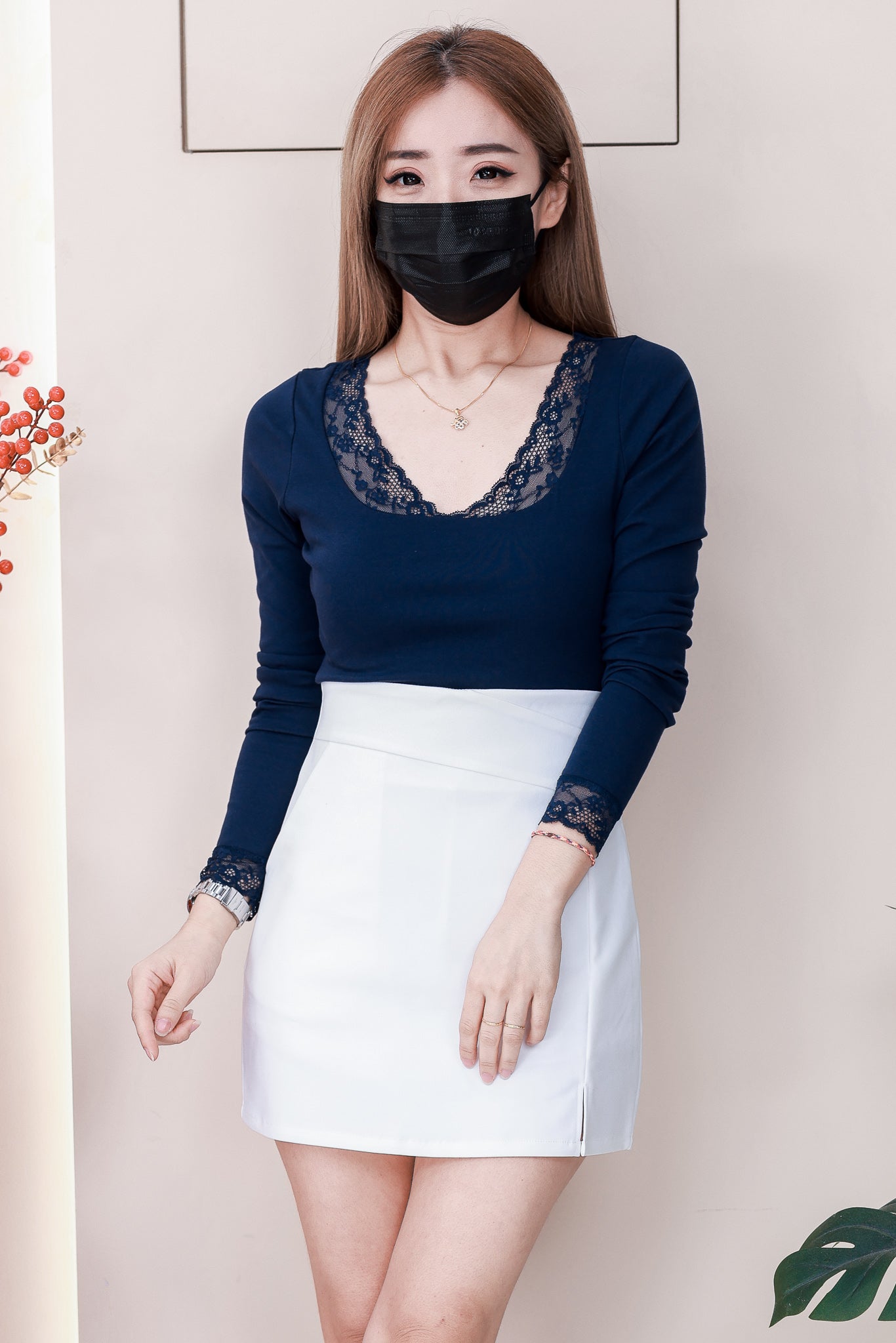 【T98598】高品质U领蕾丝边拼接双层纯棉弹力长袖百搭上衣 ❤❤【A-R1-C1】