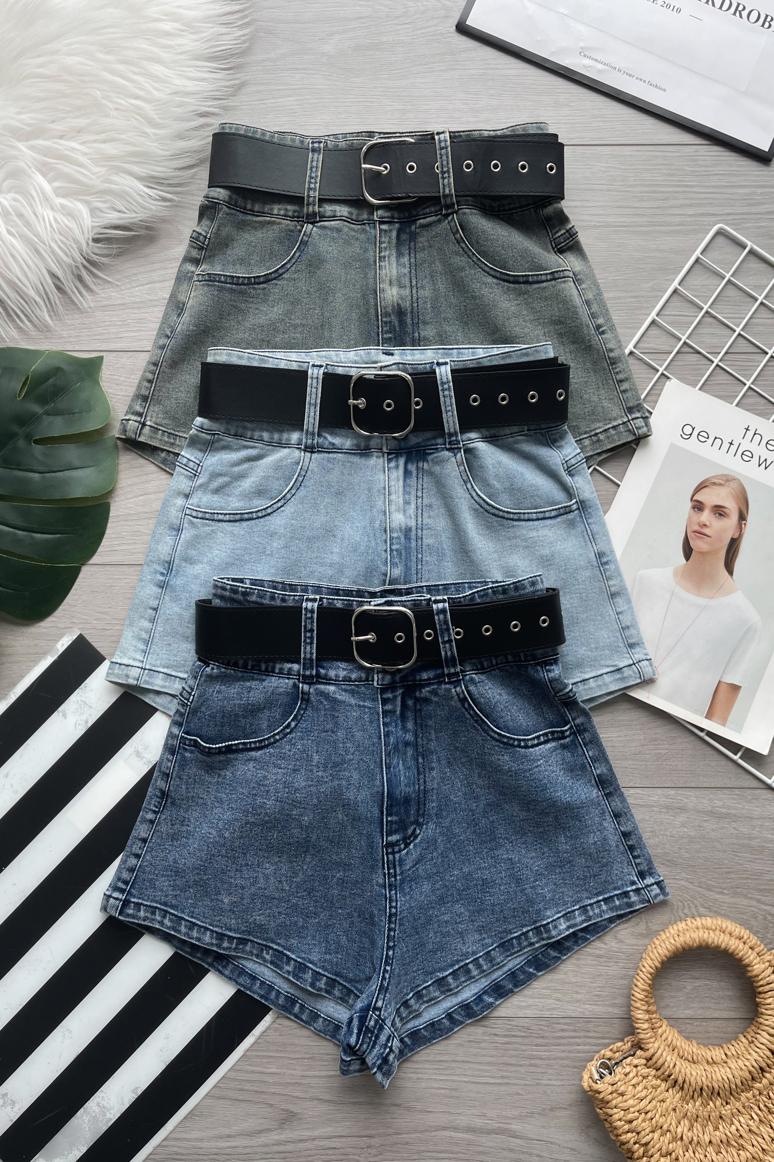 【S121532】COTTON JEANS简约时尚牛仔高腰百搭短裤，搭配配送腰带，有口袋 ❤️❤️