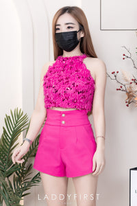 【SS3400】【独家小圆饼】两件式削肩套装 ,  鸵鸟毛拼接亮片Cut In上衣 ➕ 西装锦棉高腰显瘦短裤 , 有口袋【A-R2-C5】