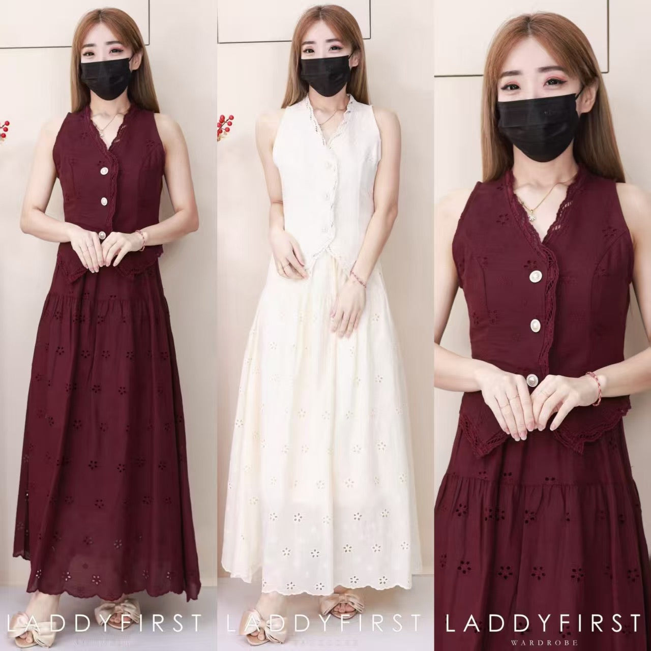 【SS2576】高品质两件式仙气温柔风桐花套装 V领无袖桐花上衣➕仙气感桐花高腰长裙 ❤️❤️