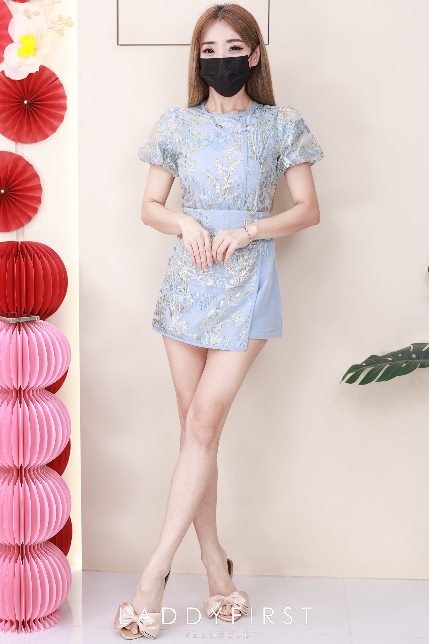 【SS2757】高品质两件式新中式提花旗袍套装 泡泡袖提花旗袍上衣➕提花拼接缎面高腰裤裙，有口袋 ❤️❤️