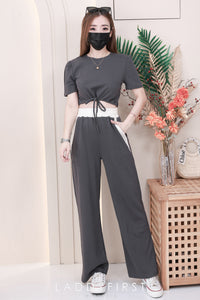 【SS1556】高品质纯棉弹力休闲简约百搭套装 抽绳收腰圆领短袖宽松休闲上衣➕松紧腰弹力阔脚长裤，有口袋 ❤️❤️【A-R2-C3】