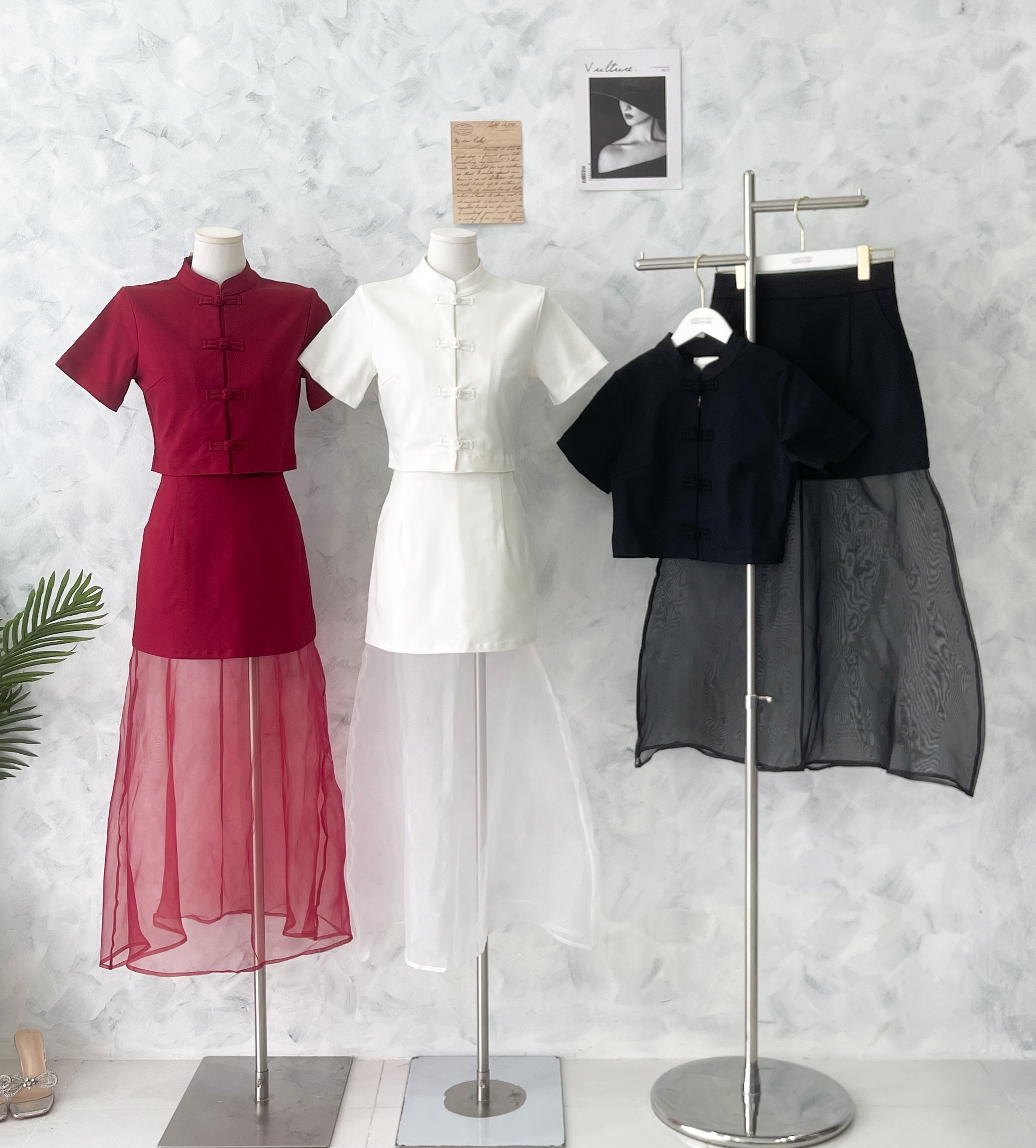 【SS2758】高品质两件式旗袍套组 锦棉旗袍短袖上衣➕锦棉拼接网纱裙子 ❤️❤️