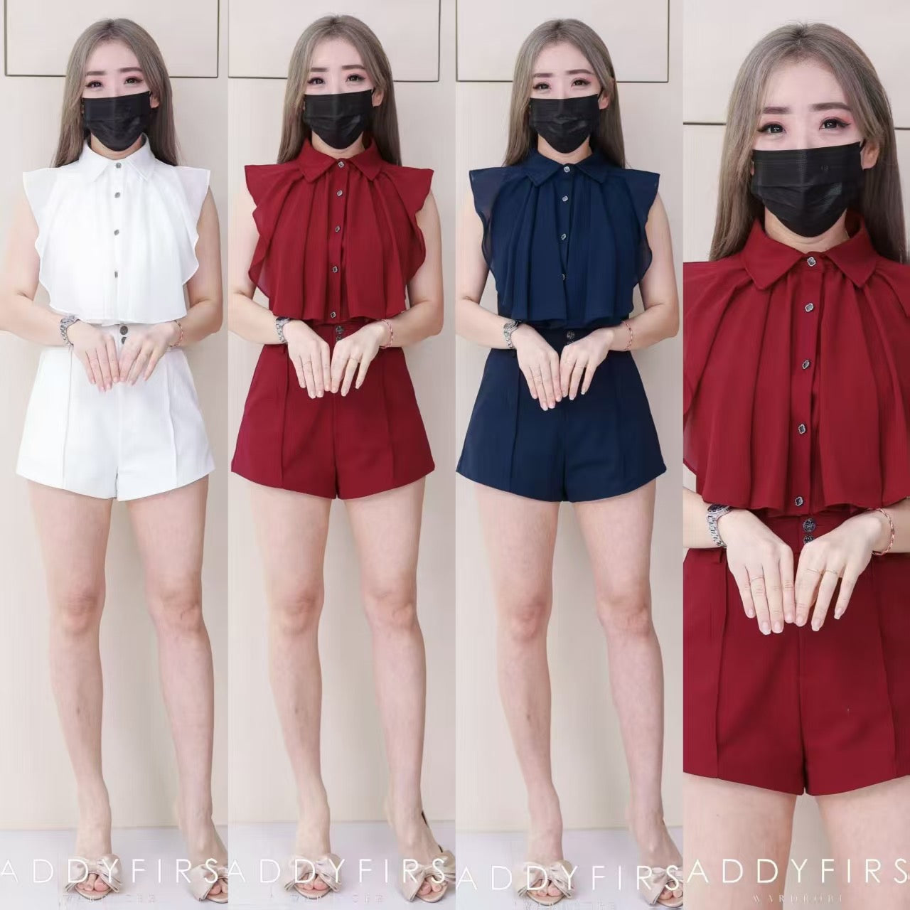 【SS3516】【LFW独家小圆饼】高品质两件式时尚百搭西装套装 翻领西装拼接雪纺上衣➕西装高腰百搭短裤，有口袋 ❤️❤️