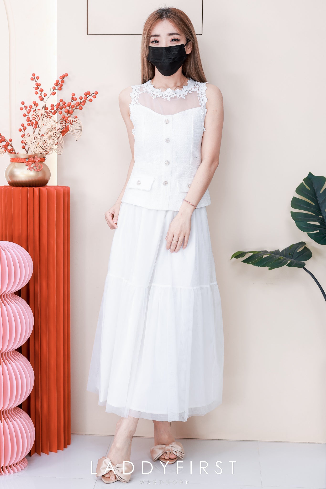 【SS6636】高品质两件式韩式轻奢风时尚套装 小香风上衣➕松紧腰弹力蛋糕网纱长裙 ❤️❤️