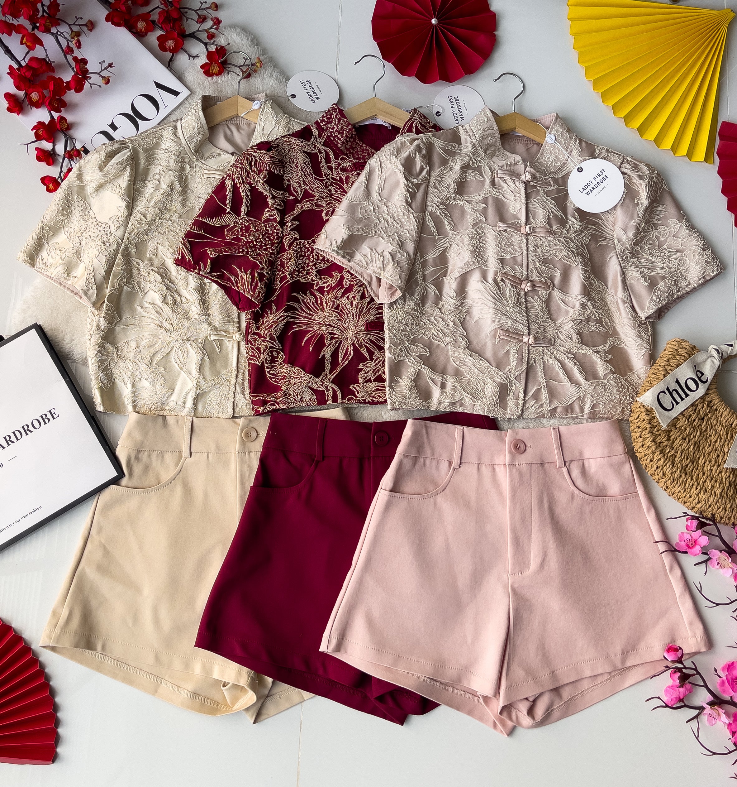 【SS3471】【LFW独家小圆饼】高品质两件式高端气质时尚提花旗袍套装 立领短袖盘扣提花旗袍上衣➕西装高腰百搭短裤，有口袋 ❤️❤️