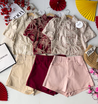 【SS3471】【LFW独家小圆饼】高品质两件式高端气质时尚提花旗袍套装 立领短袖盘扣提花旗袍上衣➕西装高腰百搭短裤，有口袋 ❤️❤️ 【D-R1-C5】