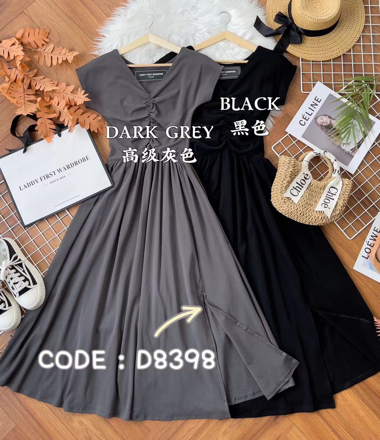 【D8398】简约V领褶皱收腰显瘦纯棉弹力连身开叉裙子