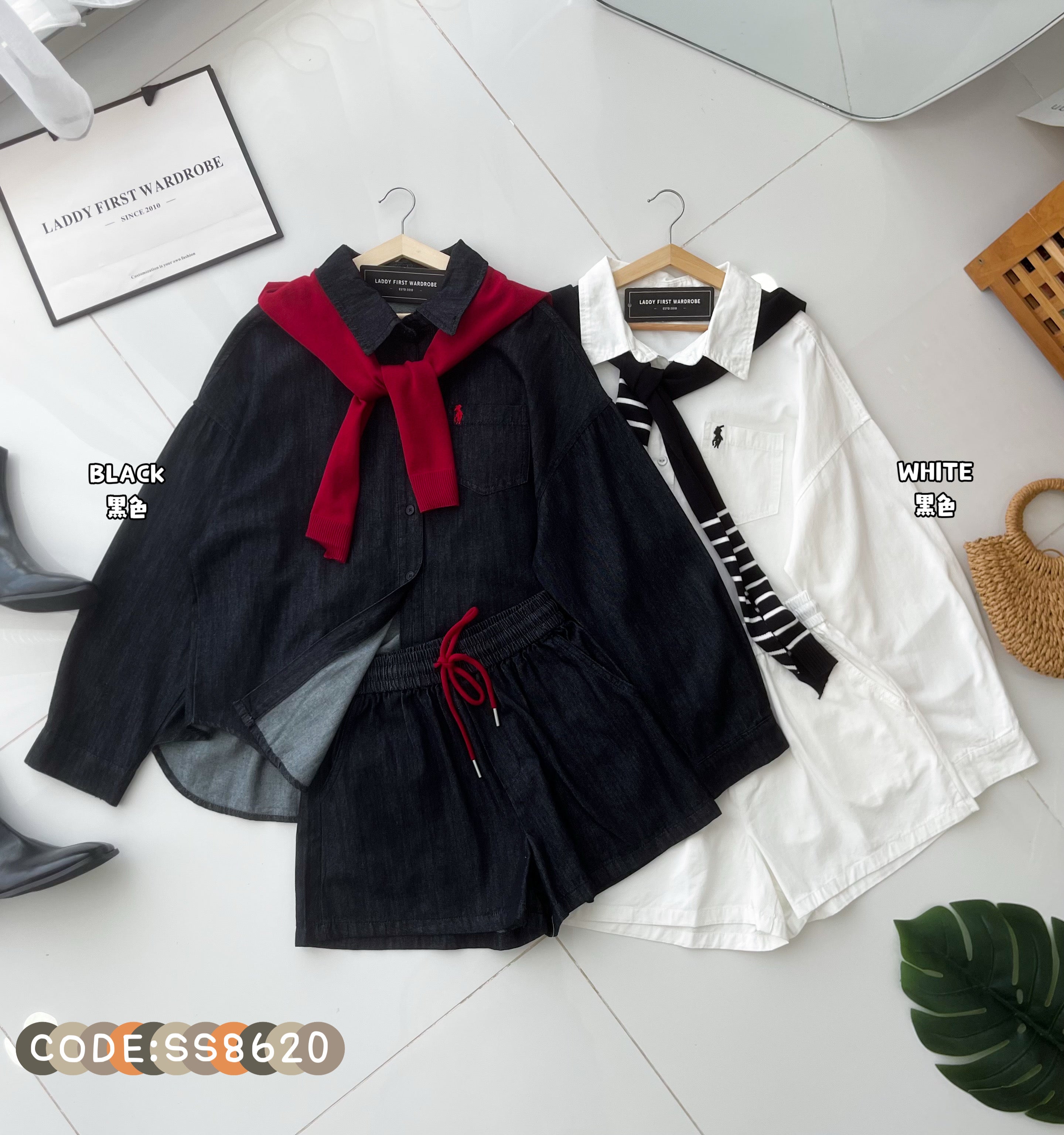 【SS8620】高品质两件式韩式牛仔简约休闲百搭套装 翻领长袖牛仔上衣➕松紧腰弹力牛仔短裤，有口袋 ❤️❤️