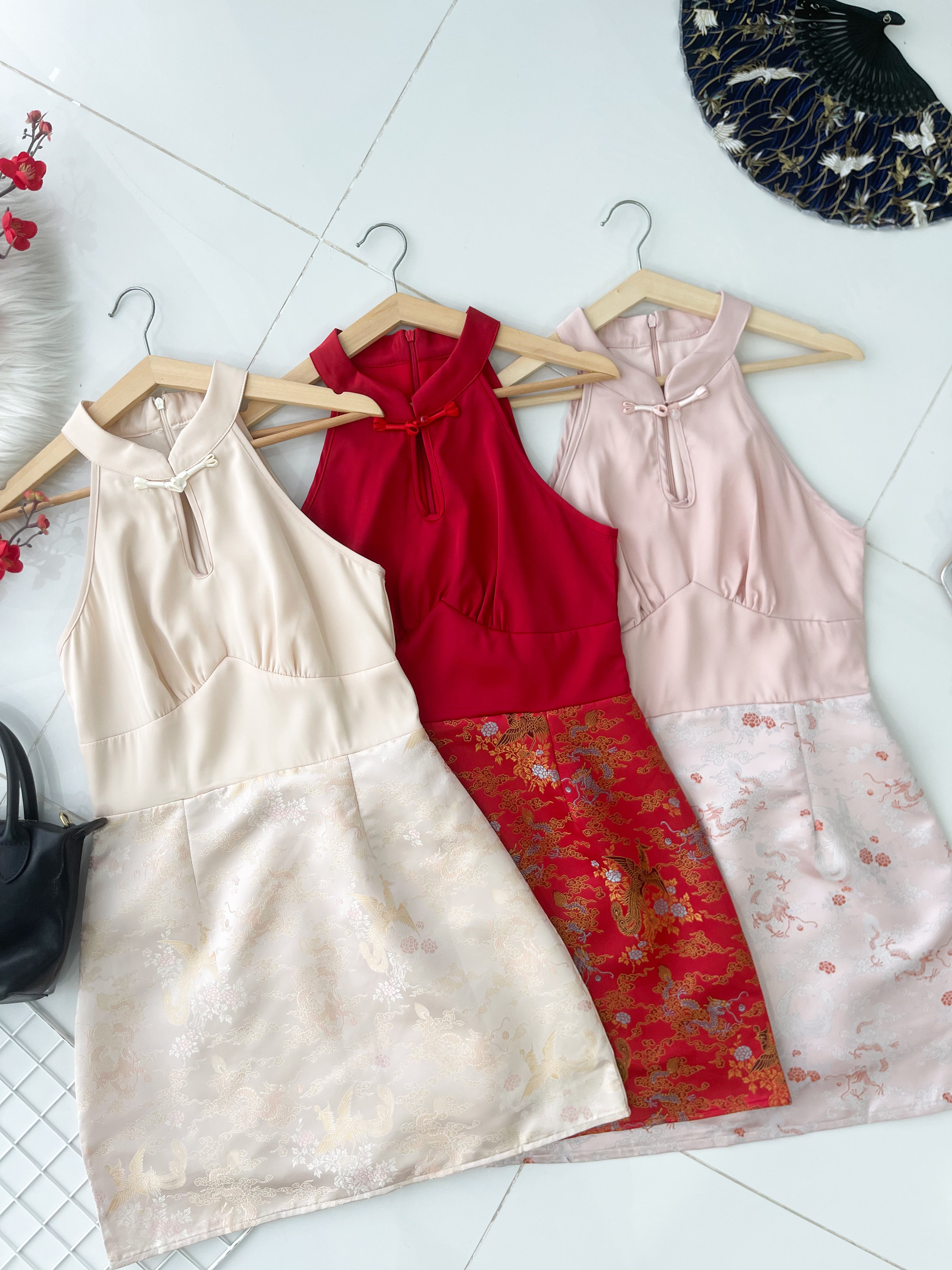 【D81689 / 37610】高品质高端气质缎面拼接提花无袖旗袍连身裙子 ❤❤【B-R1-C5】