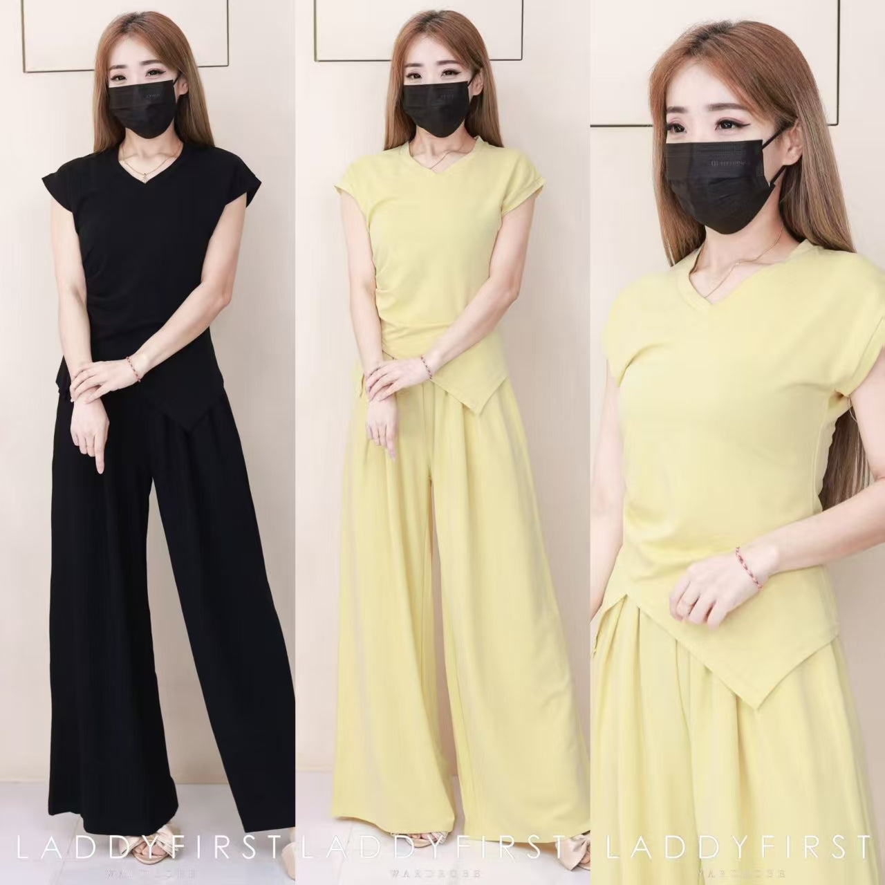 【SS9869】高品质两件式韩式轻奢简约套装 V领修身版型纯棉百搭上衣➕松紧腰弹力阔脚高腰百搭长裤，有口袋 ❤️❤️