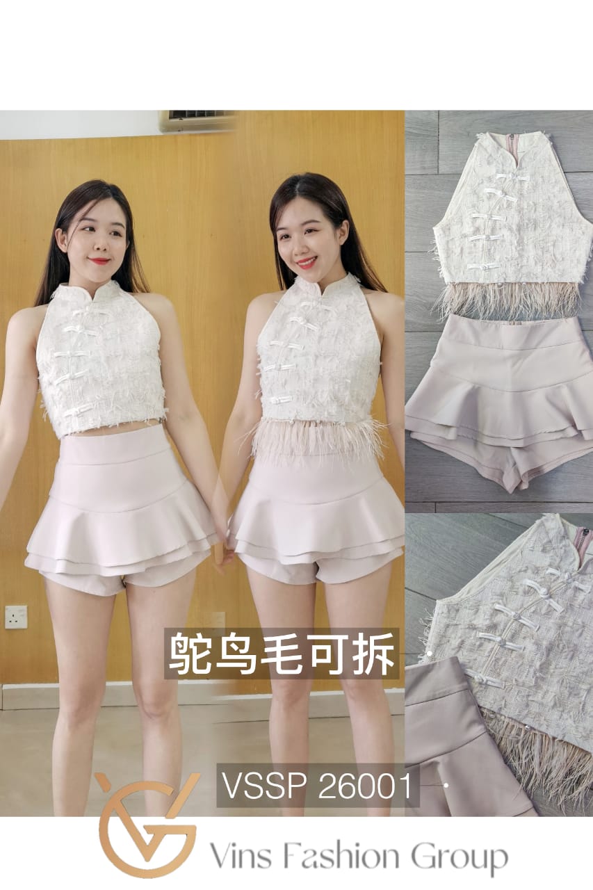 【SS26001】两件式时尚旗袍套装 提花流苏小香风拼接鸵鸟毛旗袍上衣➕假两件蛋糕西装裤裙 #鸵鸟毛可扯开 ❤️❤️