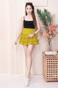 【S3416】【独家小圆饼】三层荷叶边百褶高腰西装蛋糕裙子，内层防走光里布短裤 ❤️❤️ 【A-R2-C4】