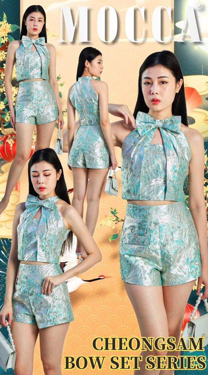 【SS823931】高品质两件式高端气质浮雕提花旗袍套装 蝴蝶结领口CUT IN上衣➕提花高腰短裤 , 有口袋 ❤️❤️