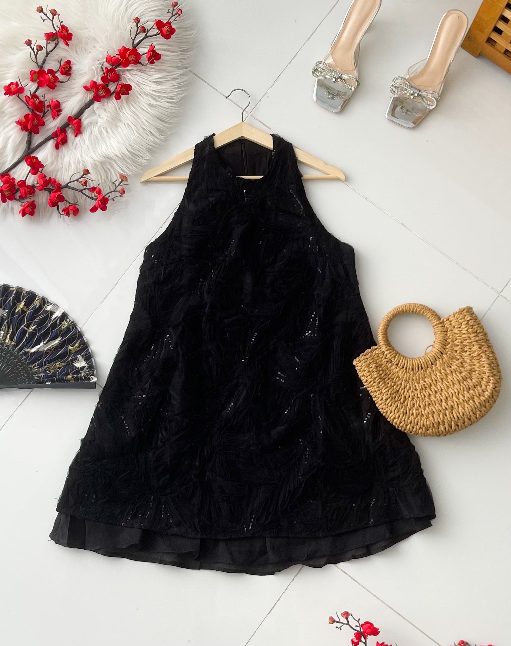 【D77167】高品质仙气温柔风亮片网纱雪纺宽松连身裙子 ❤❤