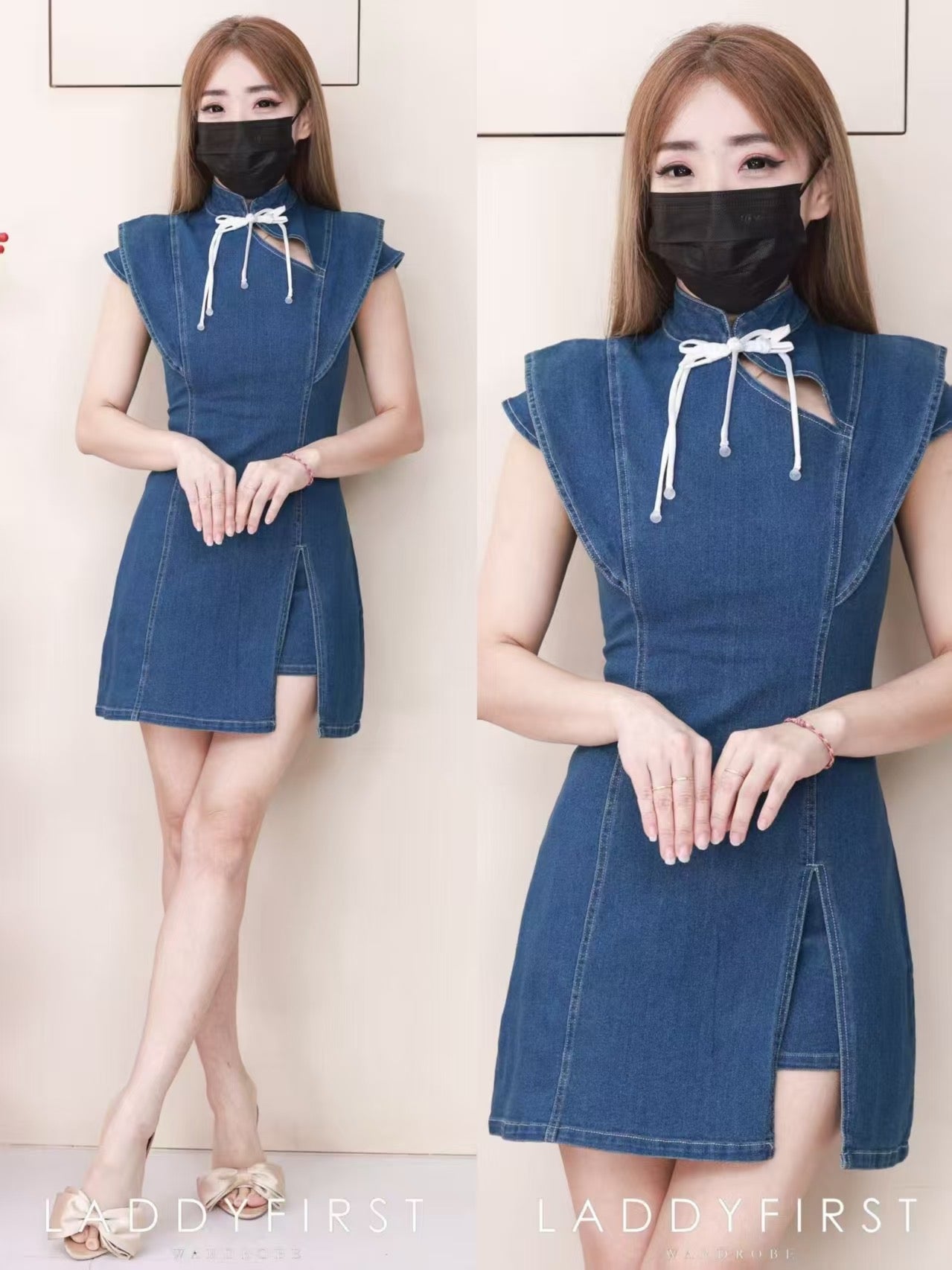 【SS2701】高品质两件式新中式高端极简COTTON JEANS牛仔旗袍套装 旗袍牛仔连衣裙➕牛仔高腰百搭短裤，有口袋 ❤️❤️